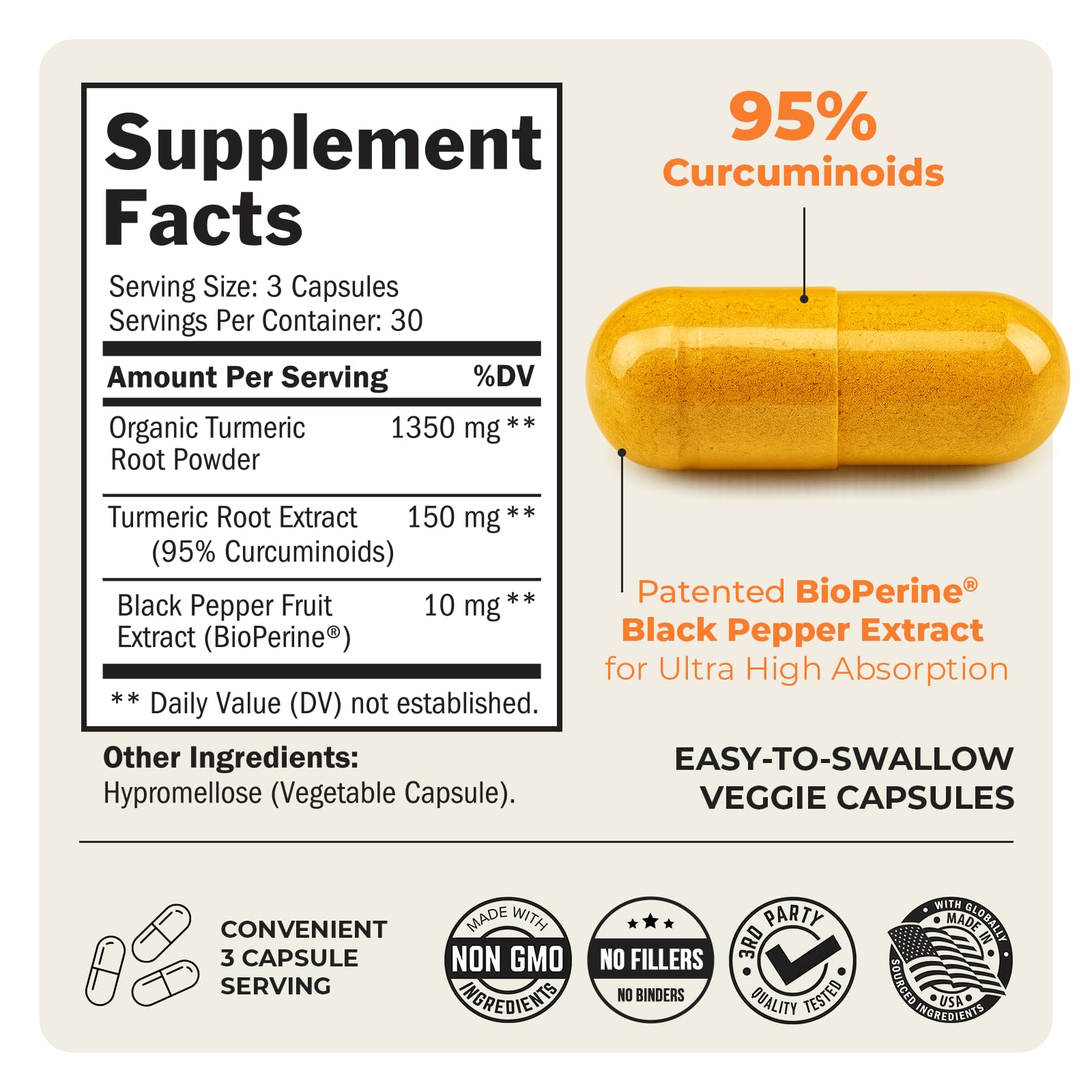 Turmeric Curcumin with Black Pepper Extract 1500mg - High Absorption Ultra Potent Turmeric Supplement with 95% Curcuminoids and BioPerine - Non GMO Tumeric Capsules for Joint Support - 90 Capsules