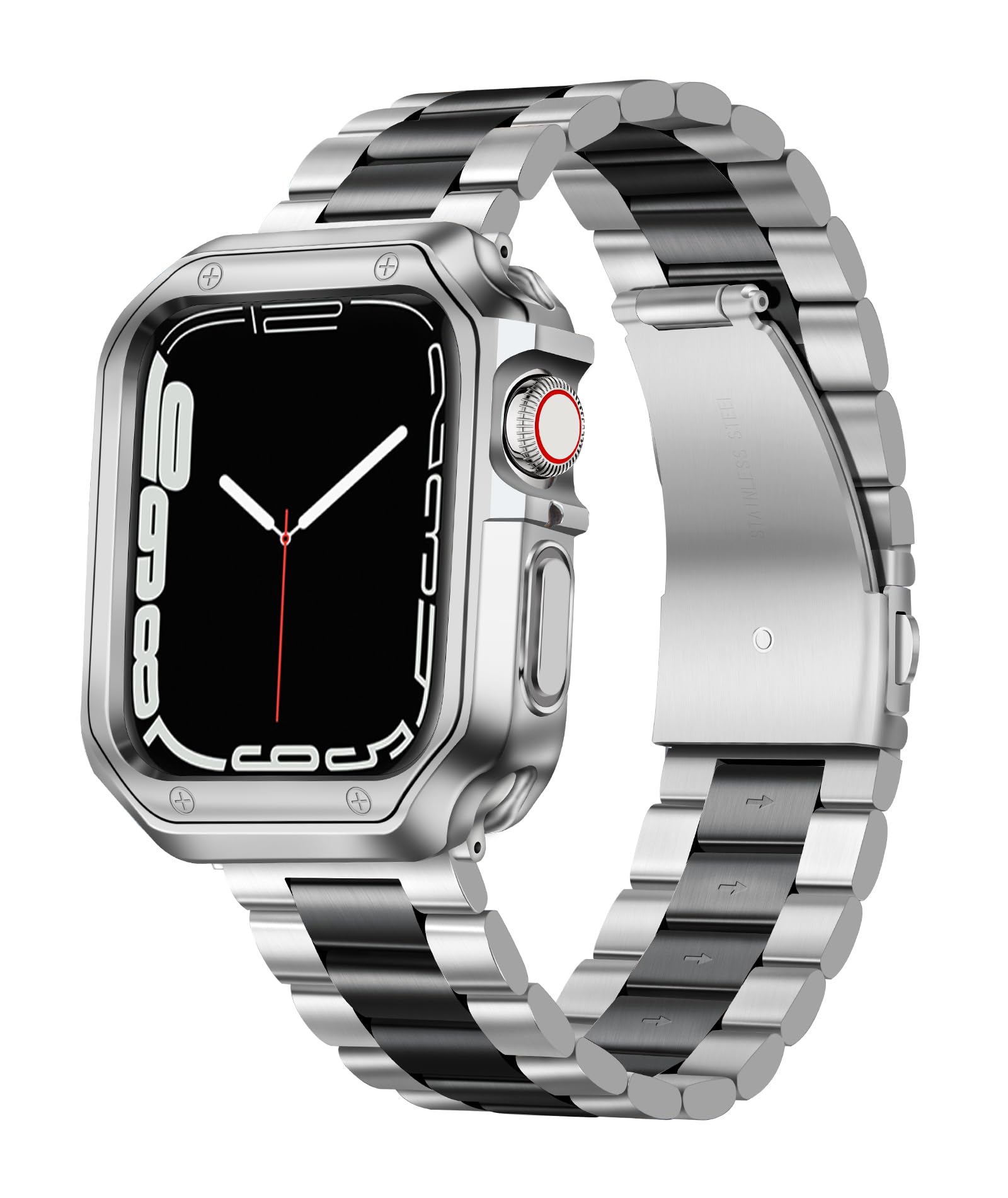 BINLUN Compatible with Apple Watch Strap 49mm for Men, Matte Stainless Steel Metal Watch Band with Polished Finish TPU Watch Case Compatible with iWatch Series Ultra/Ultra 2 (Silver+Black)