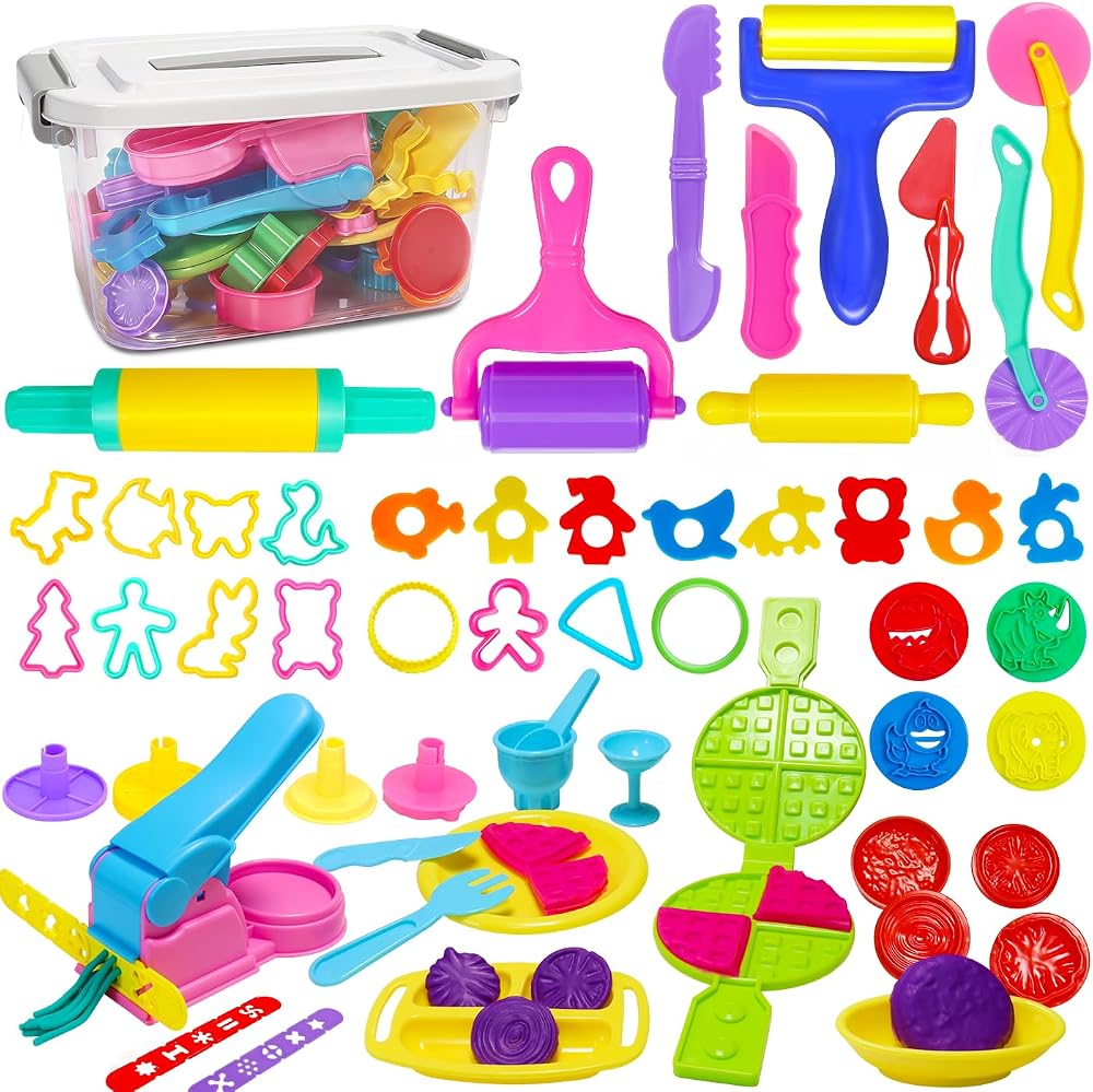 Jiosdo 53 Pcs Dough Tools Set Kids Toddlers Plastic Molds Storage Box