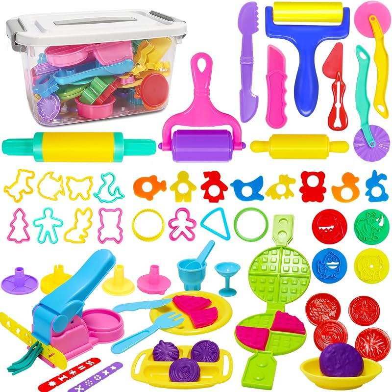 Jiosdo 53 Pcs Dough Tools Set Kids Toddlers Plastic Molds Storage Box
