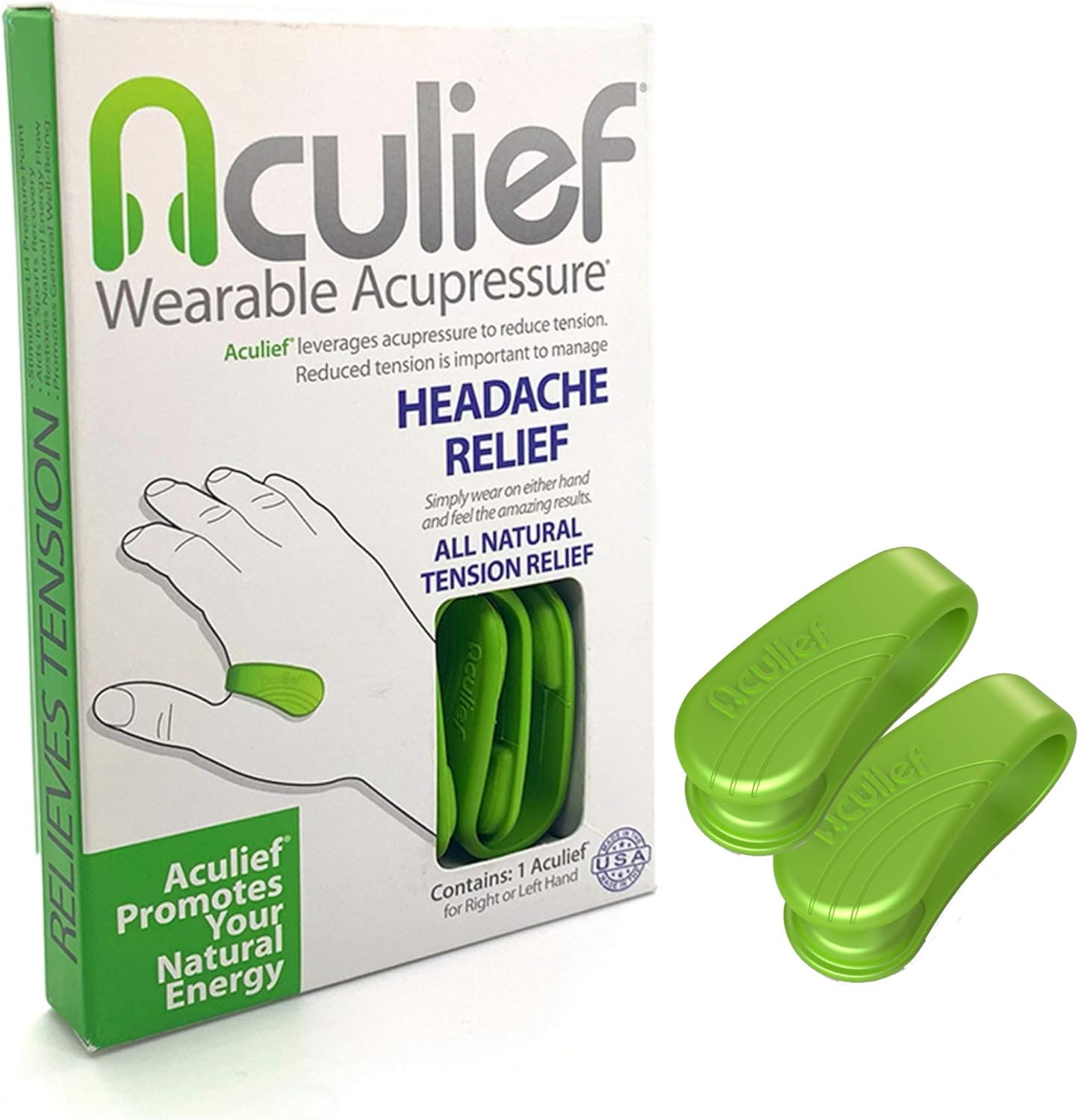 Aculief - Award Winning Natural Headache, Migraine, Tension Relief Wearable – Supporting Acupressure Relaxation, Stress Alleviation, Soothing Muscle Pain - Simple, Easy, Effective 2 Pack - (Green): Health & Personal Care