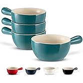 Kook French Onion Soup Crocks, Stackable Ceramic Bowls with Handles, Broil, Oven, Microwave and Dishwasher Safe, for Cereal, Soups, Casseroles, with Handle, 24 Oz, Set of 4, Teal Ombre