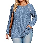VISLILY Womens-Plus-Size-Tops Casual Long Sleeve Shirts Trendy Button Decor Tunics Lightweight Sweaters Side Split Blouses