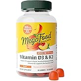 MegaFood Vitamin D3 K2 Gummies - Vitamin D 5000 IU for Bone & Immune Health Plus Support for Optimal Calcium Absorption - Peach Flavor, Pectin Based - 60 Vegetarian D3 and K2 Supplements, 30 Servings