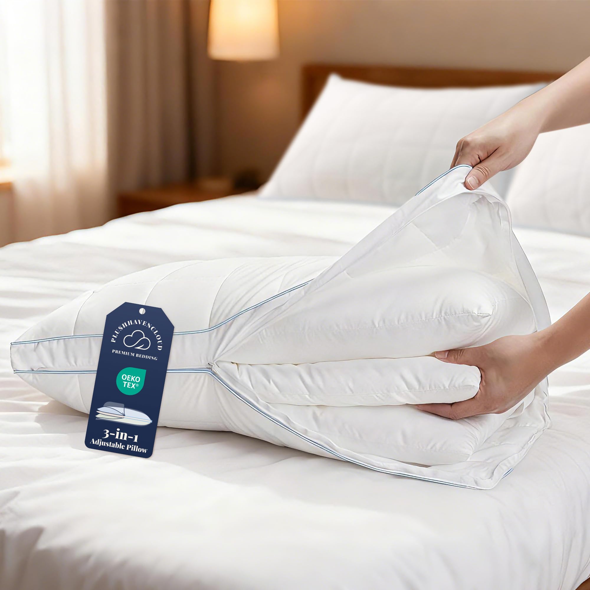 Photo 1 of PlushHavenCloud 3-in-1 Adjustable Pillows Bed Pillow - Hotel Pillow Queen Size Pillow for Sleeping with 3 Removable Inserts, Assemblable Height & Soft Firm Pillows for Back, Stomach or Side Sleepers