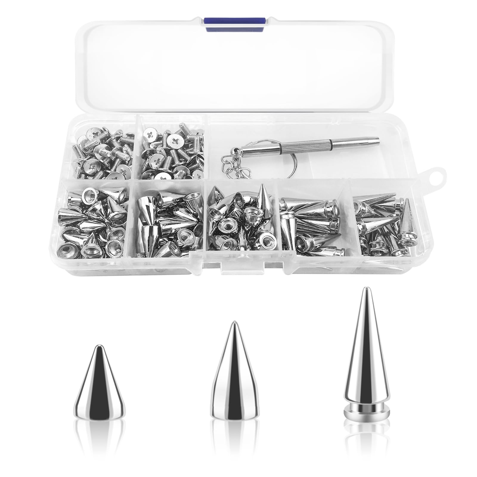 100pcs Spikes Studs 7mm Metal Cone Spikes Rivet, Punk Rock Screw Back Studs for DIY Bags Clothing Leather Craft, with Screwdriver (Silver, 3 Size)