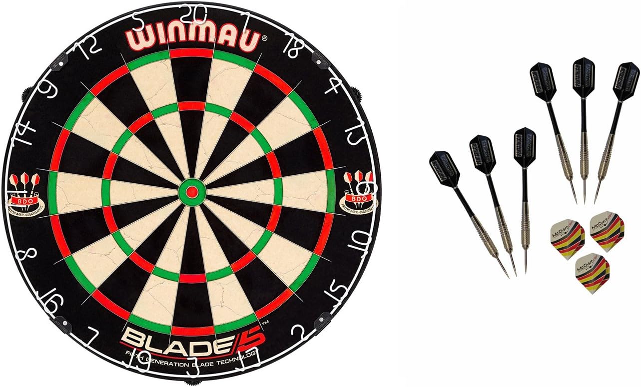 Winmau Blade 5 dartboard and McDart steel darts