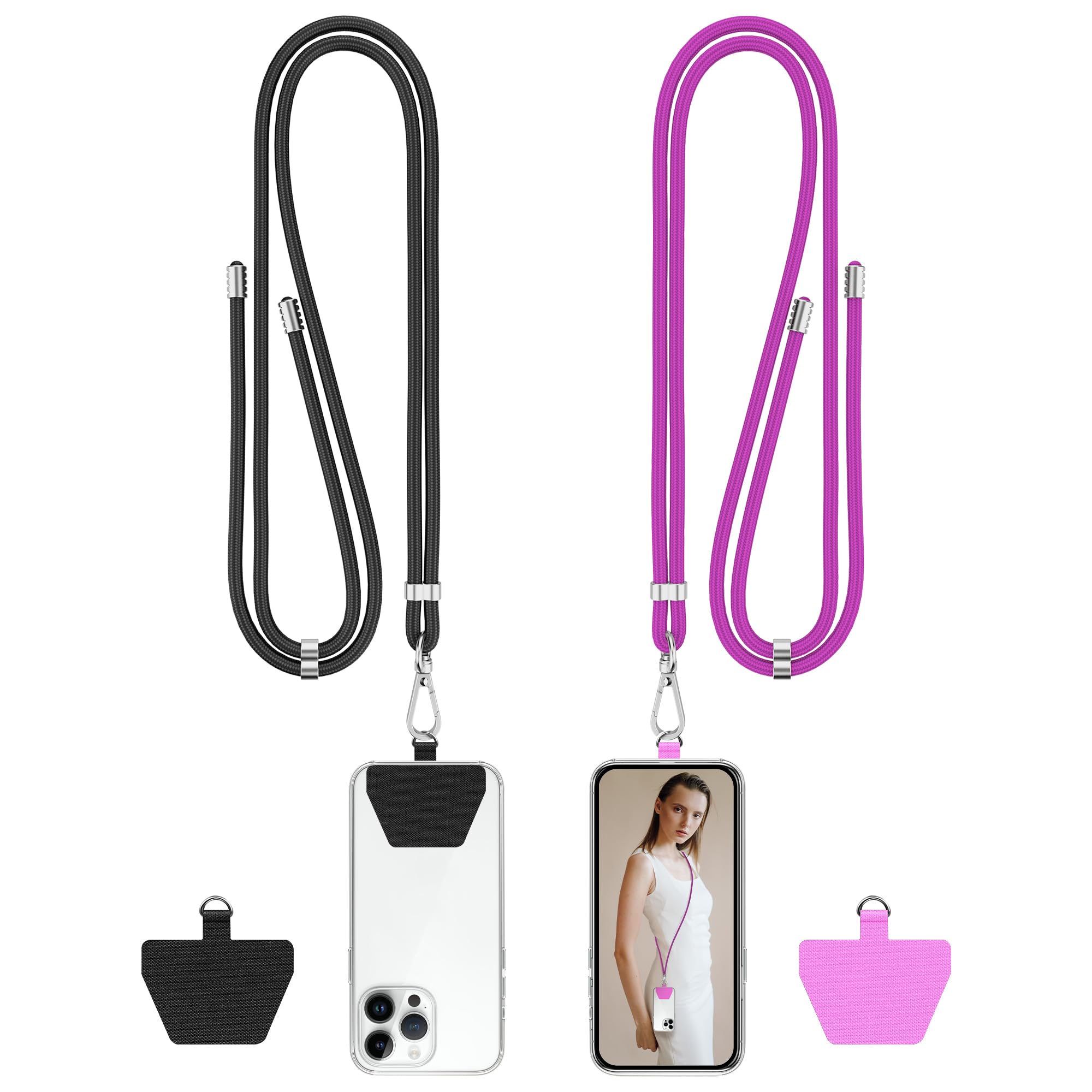 COCASES Crossbody Phone Lanyard Strap with Patch, Adjustable Nylon Neck Strap Necklace Phone Compatible with Most Smartphones (Black & Purple)
