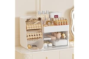 KQJS Makeup Organizer with Drawers,Large Capacity Countertop Organizer for Vanity,Bathroom and Bedroom Desk Cosmetics Organizer,Easy To Storage Skincare,Brushes, Eyeshadow,Lipstick (White, Large)