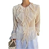 GORGLITTER Women's Boho Ruffled Tops Chiffon Long Sleeve Peasant Blouses Sheer Button Up Shirt Tie Front Going Out Outfits