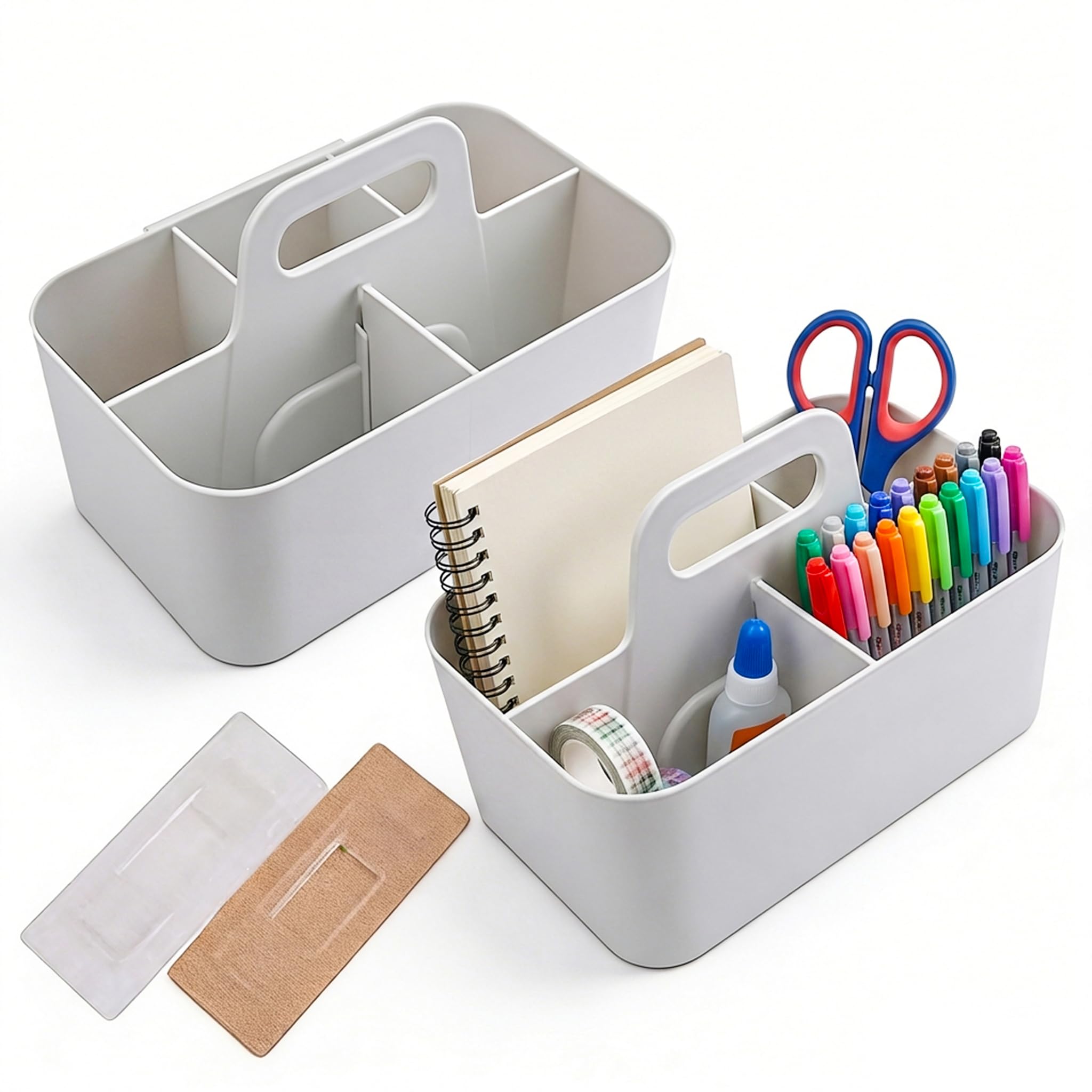 Jucoan 2 Pack Desk Organizer Caddy, Stackable Plastic Makeup Storage Baskets with Adjustable Dividers, 5 Compartments Portable Tote Bin for Bathroom Desk, Office Supplies Organization (Beige)