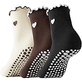 Digoon 3 Pairs Pilates Socks with Grips Non-slip Ruffle Cute Heart Yoga Grip Sock for Women