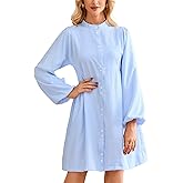 YEXPINE Women's Striped Tunic Mini Dress Long Sleeve Button Down Collarless Shirt Dress with Pockets