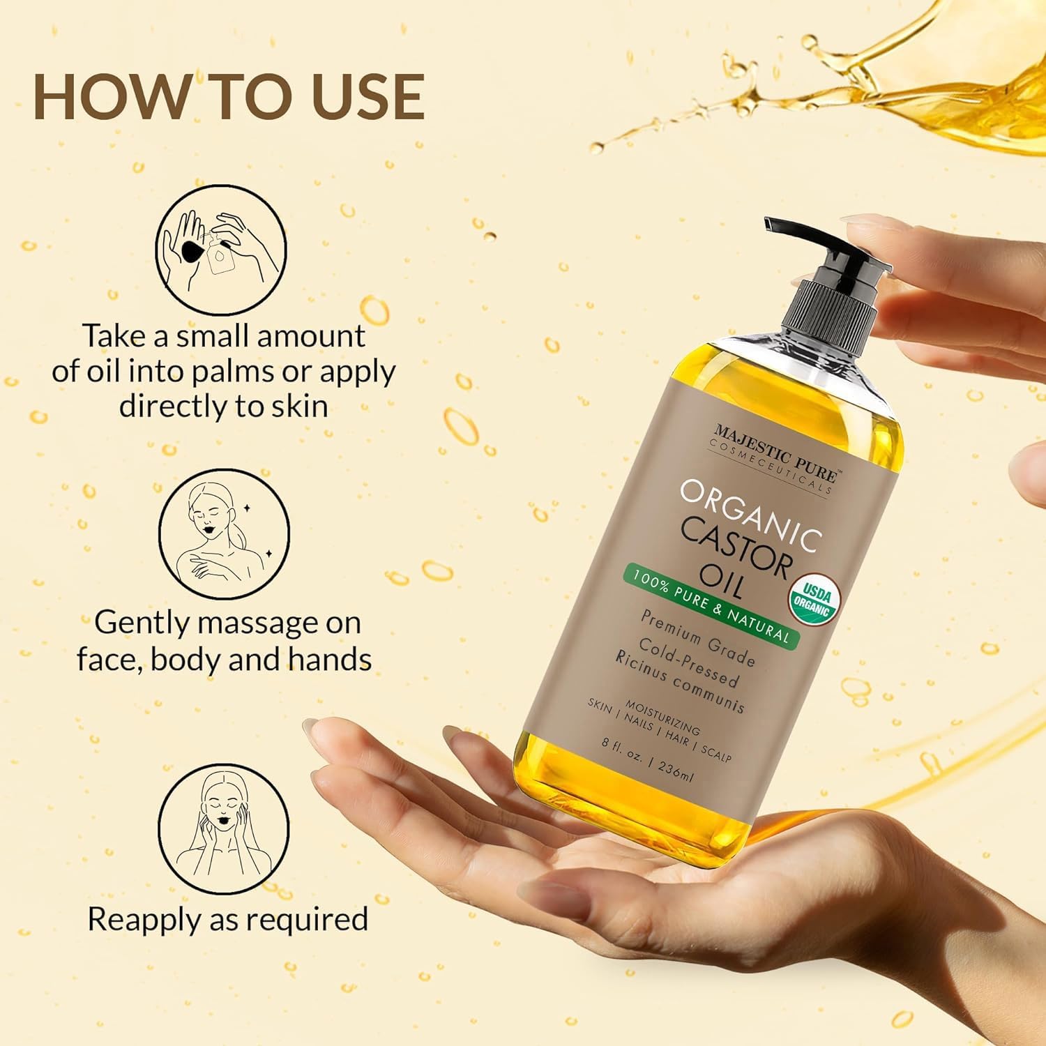 Majestic Pure USDA Organic Castor Oil - 100% Pure & Natural - Premium Grade, Cold Pressed, Hexane Free - Hair, Eyelashes, Eyebrows, Nails - Moisturizing & Nourishing - 8 Fl Oz