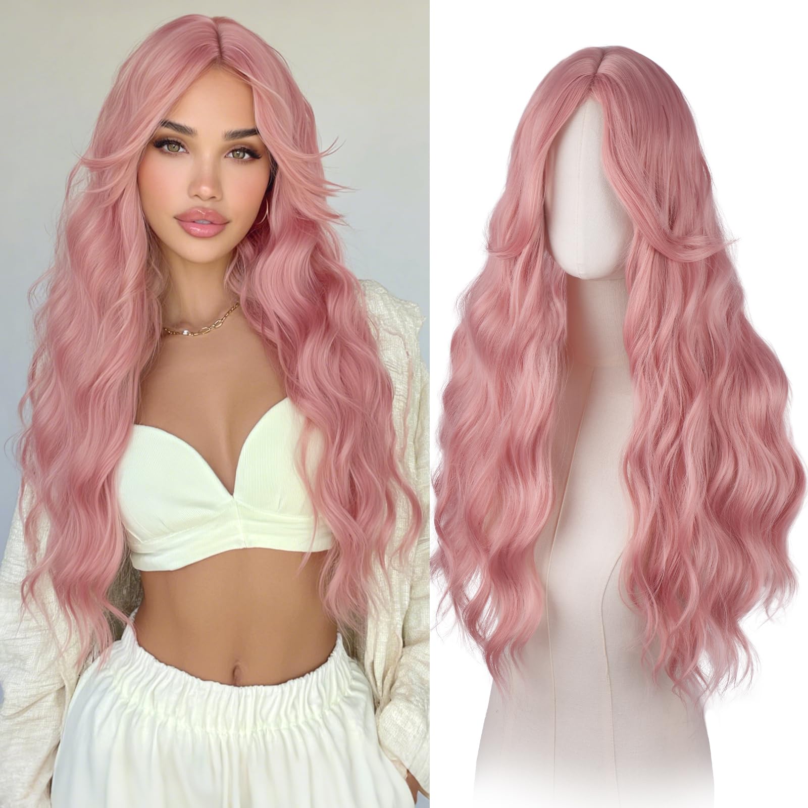 Photo 1 of Haloo Pink Wigs with Curtain Bangs for Women - Long Wavy Middle Part Natural Looking Synthetic Hair Wig for Daily Party Cosplay Costume, 26 Inch