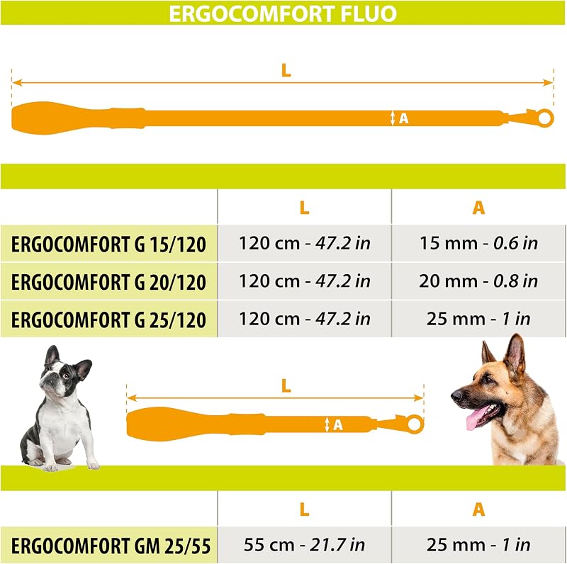 Correa Perro ERGOFLUO, Correa Perro Grande, Asa ergonómica Acolchada, Nylon. Tamaño 120 cm, Amarillo