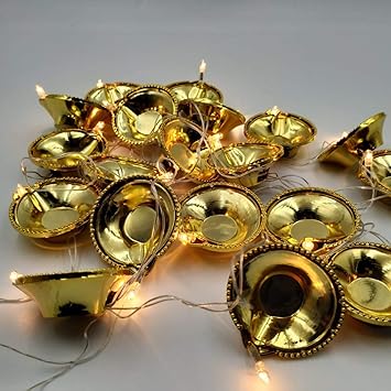 BERRY Collection Golden Diya Light 5M Electric 20 Deepak LED Fairy String Series Lights Home Diwali Decoration Lightning - (Golden) Rope Light/Strip Light/Rise Light/Lighting for Deepawali