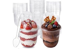 LANBYY 10oz Dessert Cups with Lids and Spoons, 50 Pack Clear Plastic Cups with Dome Lids PET Disposable Parfait Cups Snacks B