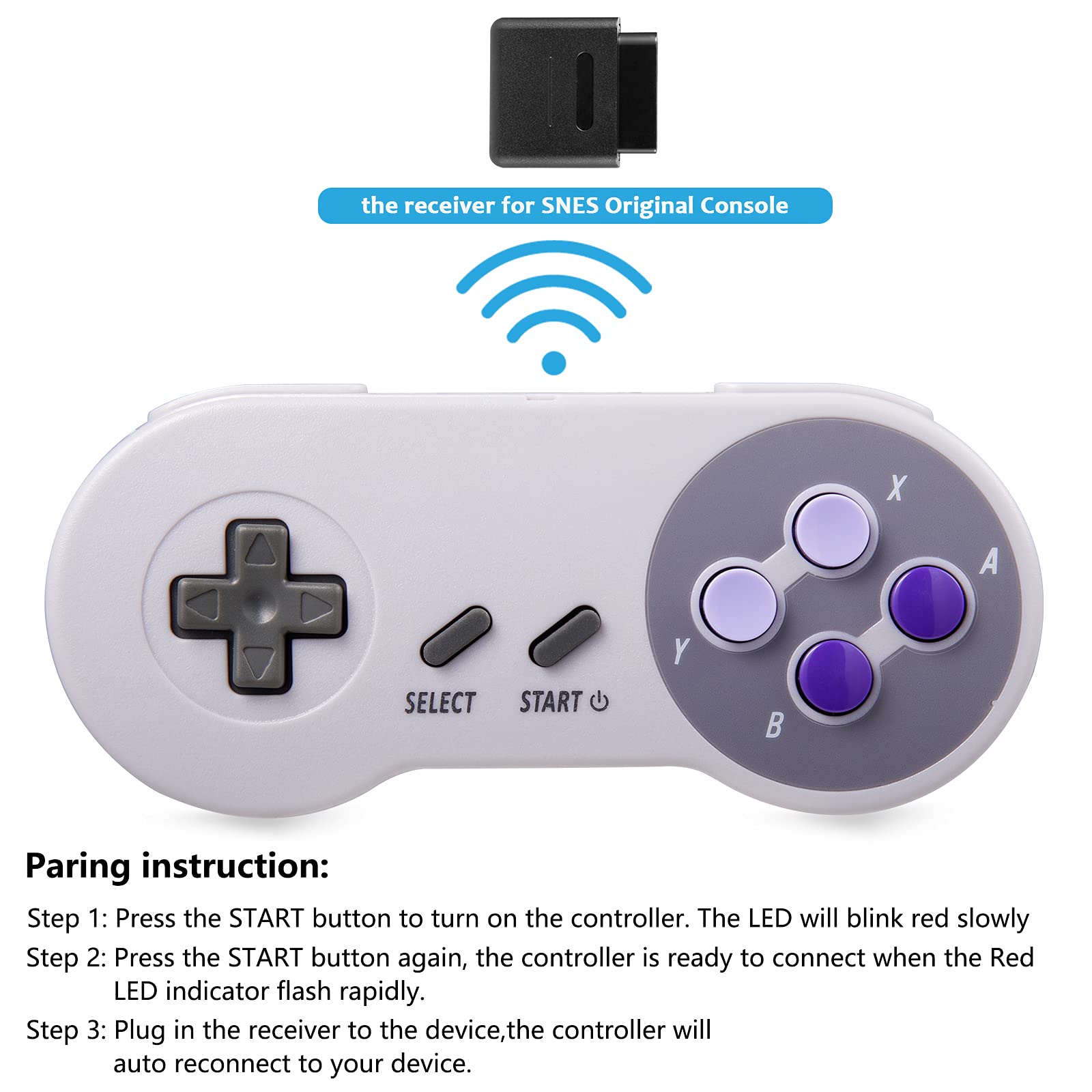 KIWITATA 2 Pack 2.4GHz Wireless Controller for SNES Original Console, Rechargeable Wireless Remote Gamepad Controller for SNES Super Entertainment System Console