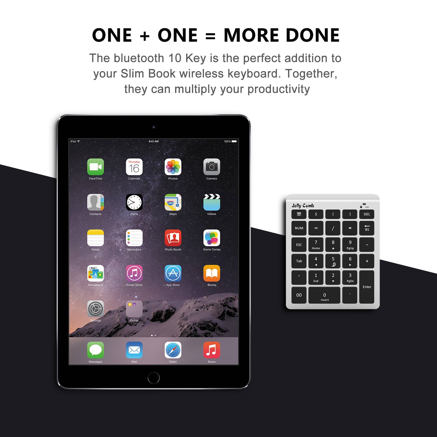 Bluetooth Number Pad — Jelly Comb N019 Bluetooth Numeric Keypad Portable Full Size 28-Key Keypad with Multiple Shortcuts for Data Entry Laptop, Tablet, Surface Pro and More(Black and Silver)