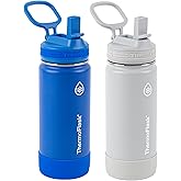 ThermoFlask Kids 16 oz Insulated Water Bottles with Straw Lid BPA-Free Stainless Steel Leakproof & Spill-Proof Design Easy Clean Wide Mouth 2-Pack for School, Sports, Playdates, Blueberry/Wolf Grey