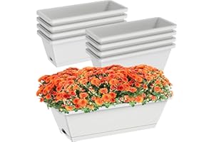 TECTSIA 8pcs Rectangle Window Boxes Planters, 17 Inches Long Window Sill Planter Box Outdoor, Plastic Rectangular Window Flower Herb Pots Indoor with Drainage Holes and Trays for Garden Windowsill Light Grey