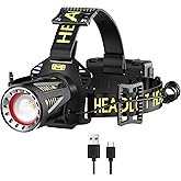 MAXME100 Long Throw Headlamp Rechargeable, Super Bright 9000mAh Head Lamp Light for Head, Zoomable USB-C Adults Gift