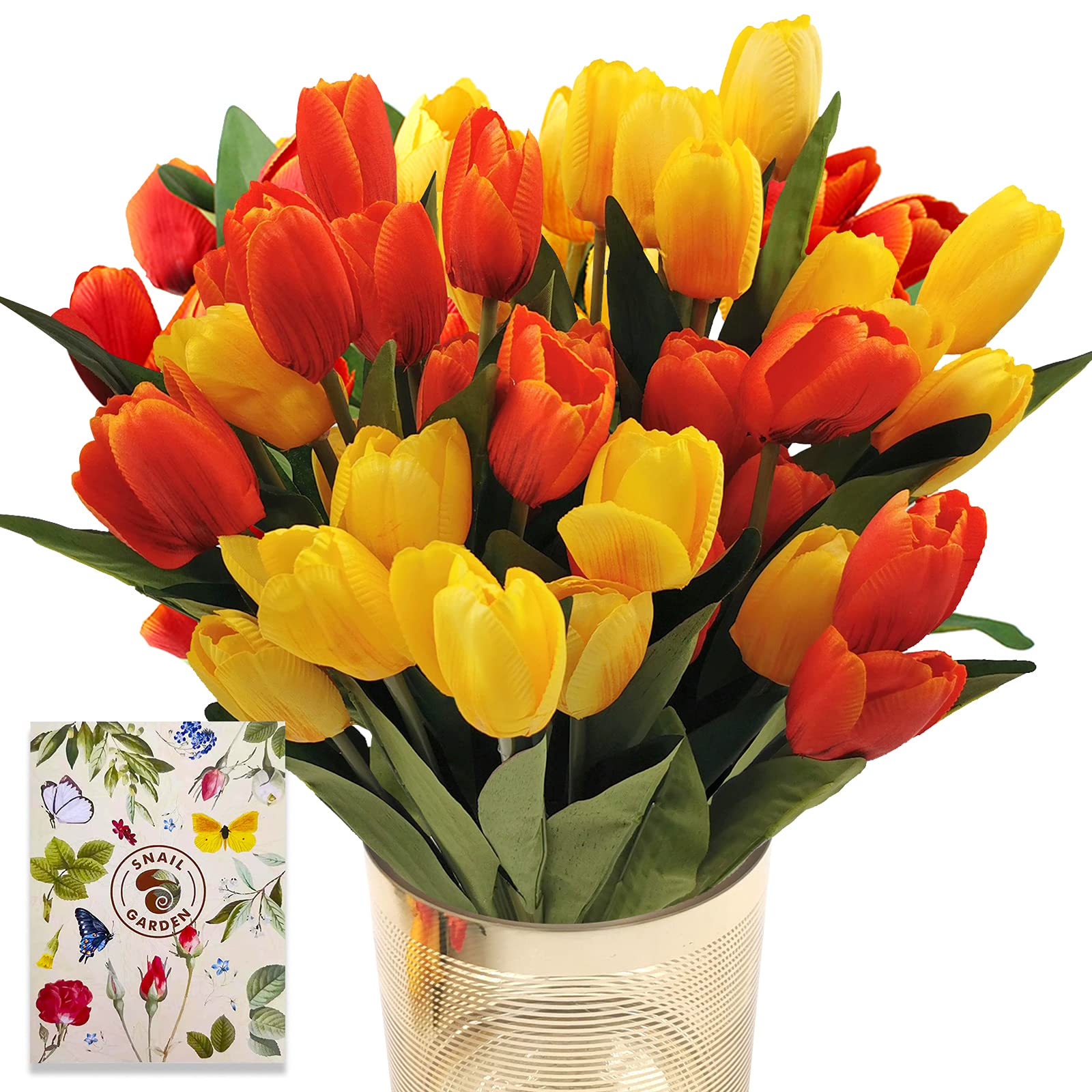 SNAIL GARDEN Set of 36 Artificial Tulips with 2 Colours, Silk Tulips with 1 Greeting Card for Wedding, Home, Party, Festival, Floral Arrangements, Moving Gift (Red/Yellow)