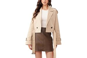 Xuehaya Womens Cropped Trench Coat Double Breasted Long Sleeve Casual Jacket Coats with Belt