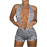 Milumia Women's Leopard Print Short Jumpsuit Halter Deep V Sexy Rompers Party Club Festival Outfits