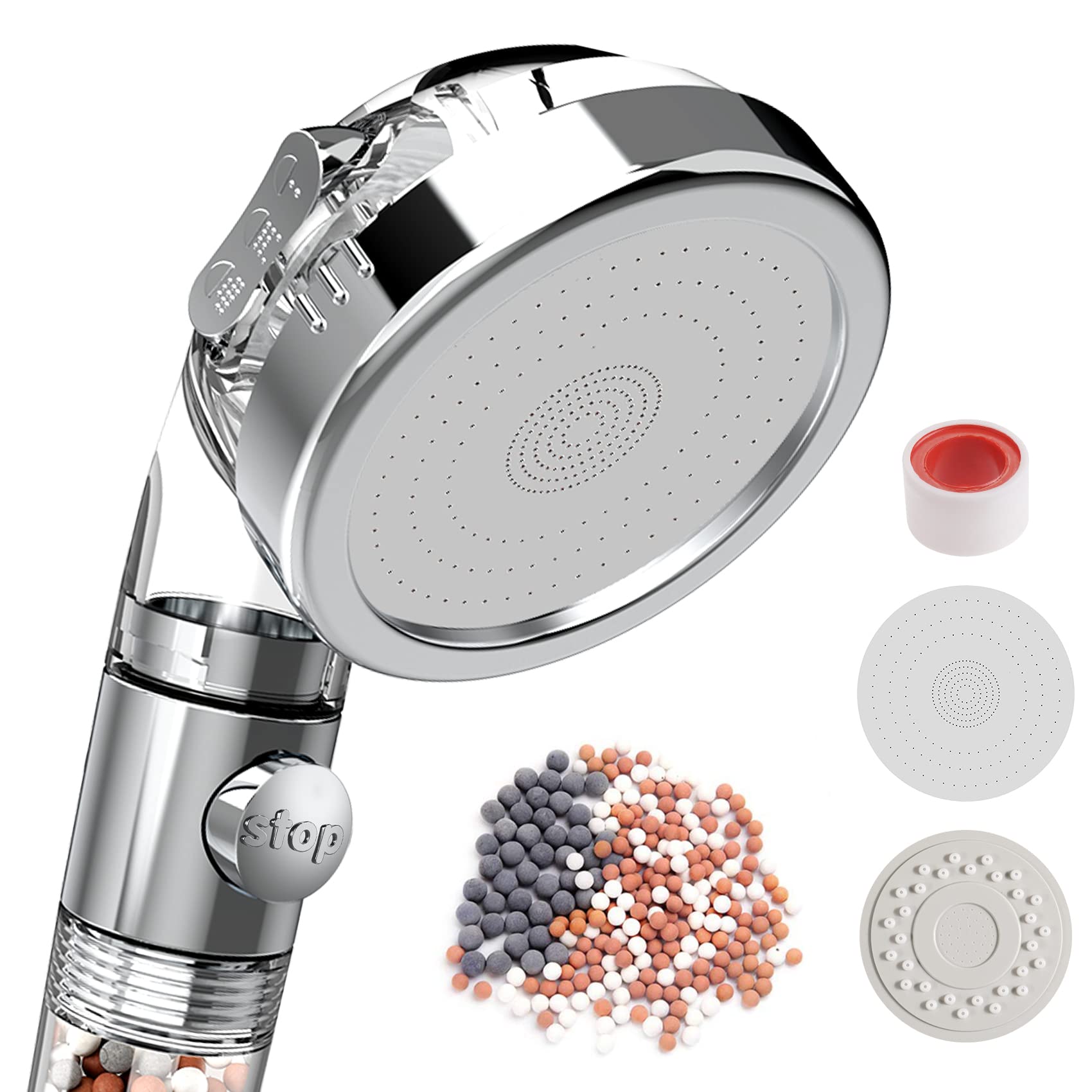 Rovtop Ionic Shower Head,Adjustable Filter Showerhead with 3 Modes, Water Saving,Universal Bath Shower,for Hard Water Softening,with Additional Filter Stone