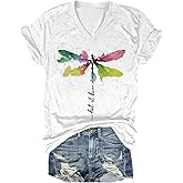 Women's T-Shirts V-Neck Dragonfly Tee Cute Summer Graphic Shirts Vintage Boho Flowers Short Sleeve T Shirt