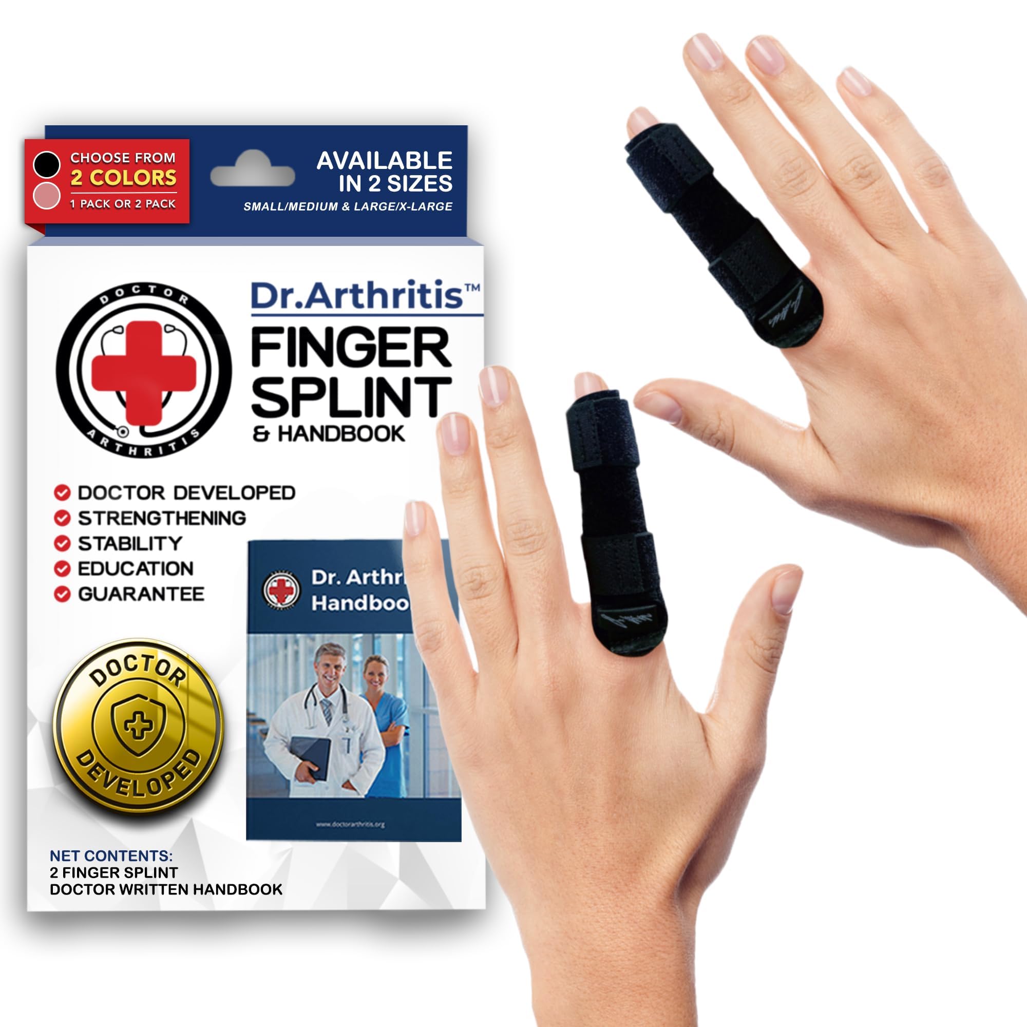 Dr.Arthritis Doctor Developed Finger Splint & Doctor Handbook- Trigger Finger Brace - Braces, Splints & Supports Index, Middle, Ring & Pinky - Padded Finger Splints (Black L/Xl, 2 Pack)