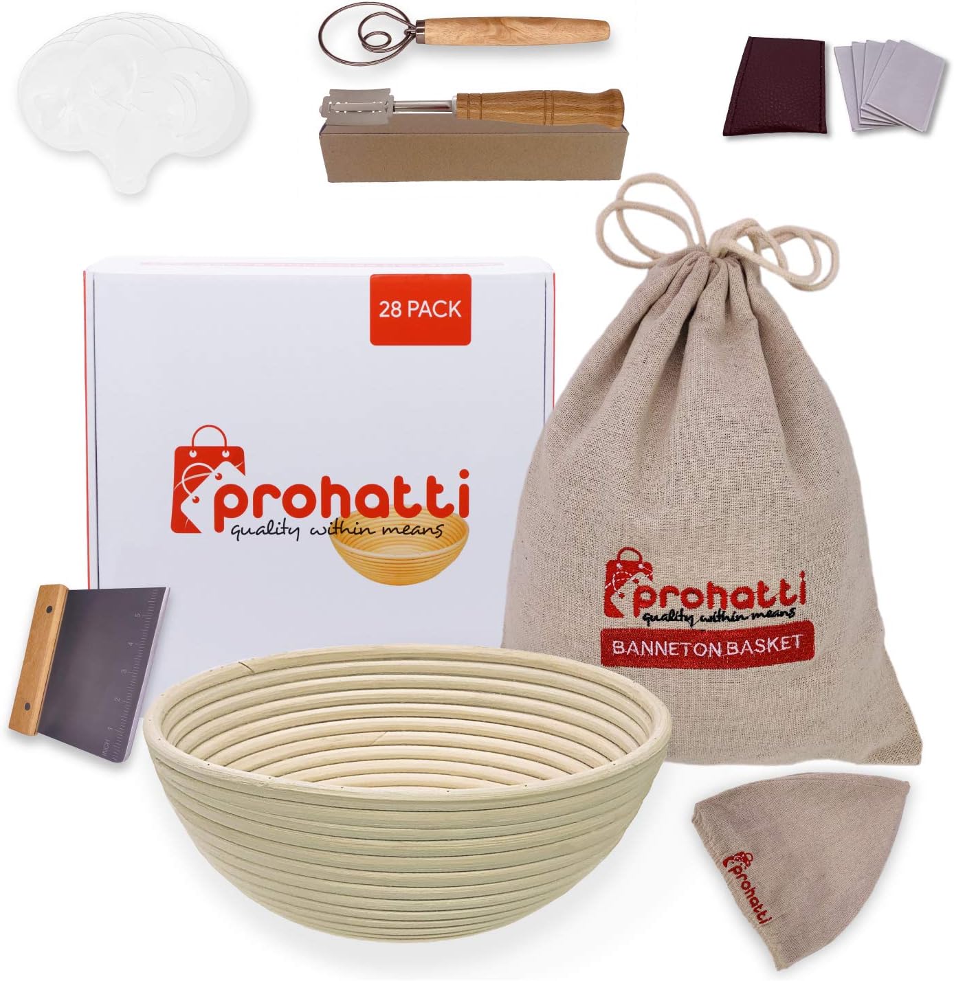 9 Inch Bread Proofing Basket 28 Pack Set includes, Banneton Proofing Basket, Linen Basket Liner & Bag, Bread Lame, Dough Scraper, Whisk Blender, 16x Stencils, 5x Blades & Gift Box by prohatti