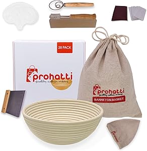 9 Inch Bread Proofing Basket 28 Pack Set includes, Banneton Proofing Basket, Linen Basket Liner & Bag, Bread Lame, Dough Scraper, Whisk Blender, 16x Stencils, 5x Blades & Gift Box by prohatti