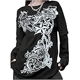 WDIRARA Women's Goth Graphic T Shirts Crew Neck Long Sleeve 2 in 1 Tee Streetwear Tops