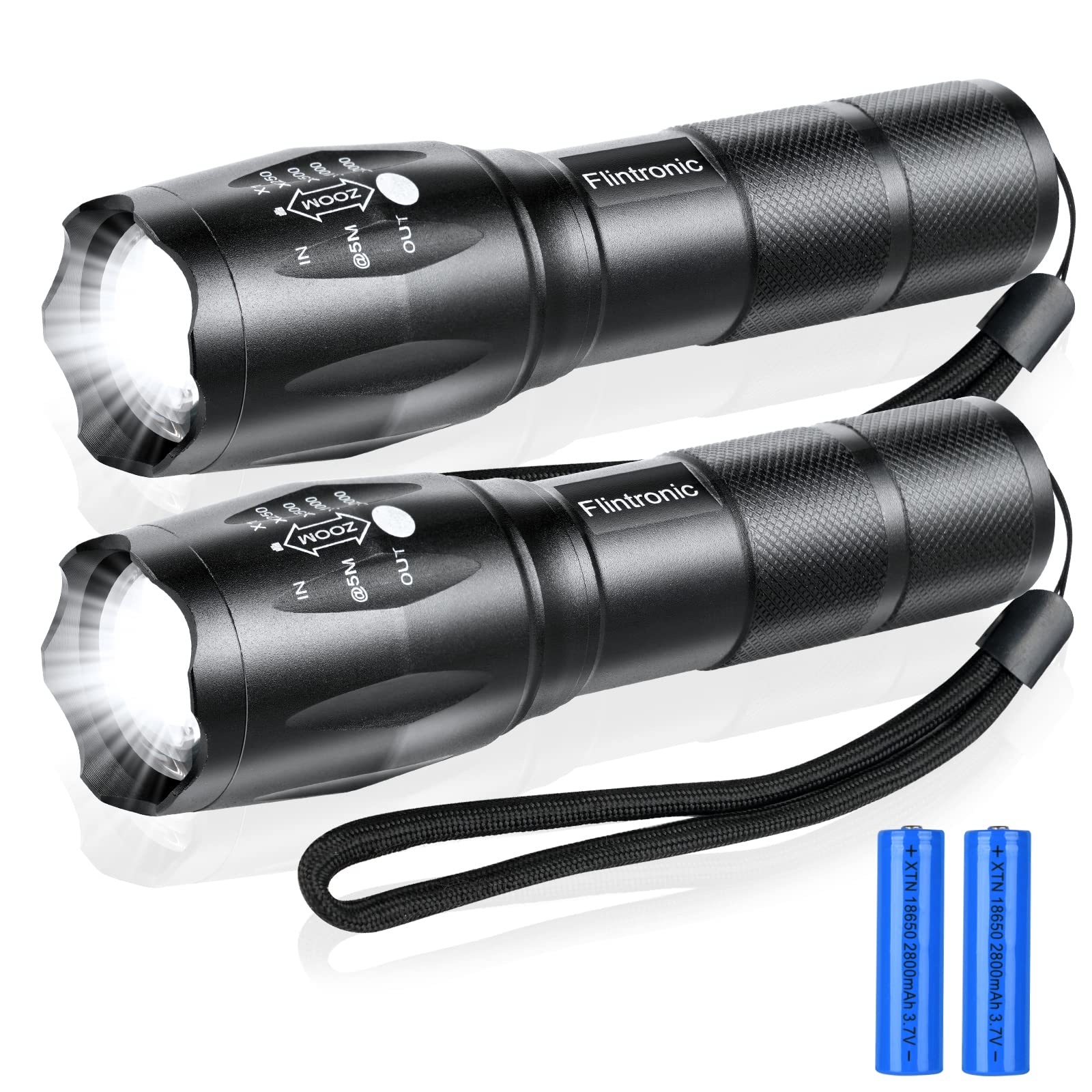 flintronic LED Torch Rechargeable, 2PCS CREE T6 Super Bright 1000Lumens Torch with 2 Batteries, Zoomable Mini Pocket Torch, IPX6 Waterproof Tactical Flashlight for Camping Outdoor Hiking Emergency
