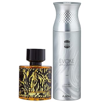 Maryaj Wild Stripes Eau De Parfum Aromatic Oriental Perfume 100ml for Men and Ajmal Evoke Silver Edition Him Deodorant Spicy Floral Fragrance 200ml for Men + 2 Parfum Testers FREE