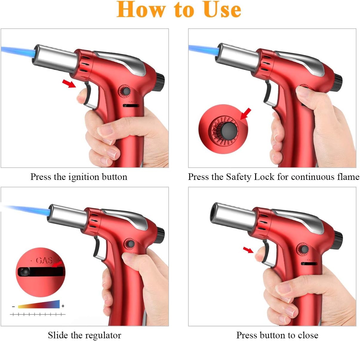 Red Butane Kitchen Torch Lighter – Refillable With Adjustable Flame & Safety Lock – 2500°F For BBQ, Desserts & Soldering (Butane Not Included)