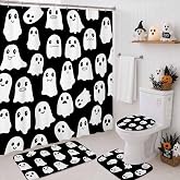 Mocsicka Halloween Shower Curtain Set for Bathroom, 4Pcs Halloween Spooky Ghost Bathroom Sets with Non Slip Rugs, Toilet Lid Cover, Bath Mat, Shower Curtain, Bathroom Decor with 12 Hooks