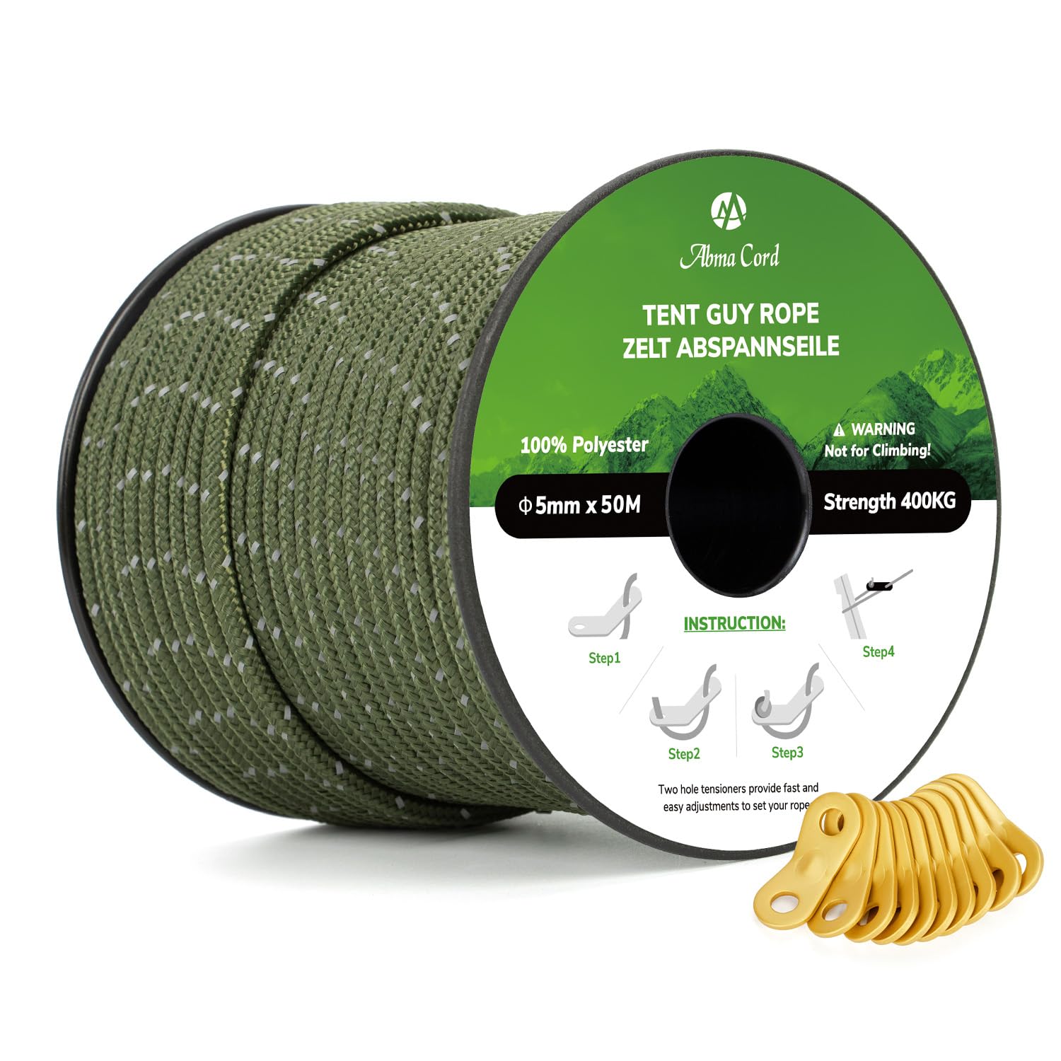 Abma Cord Tent Guy Ropes 5mm 50M Guy Line 10 Pcs Guy Rope Tensioners Heavy Duty Guide Rope for Camping, Gazebos, Awning, Tarp - Reflective Army Green