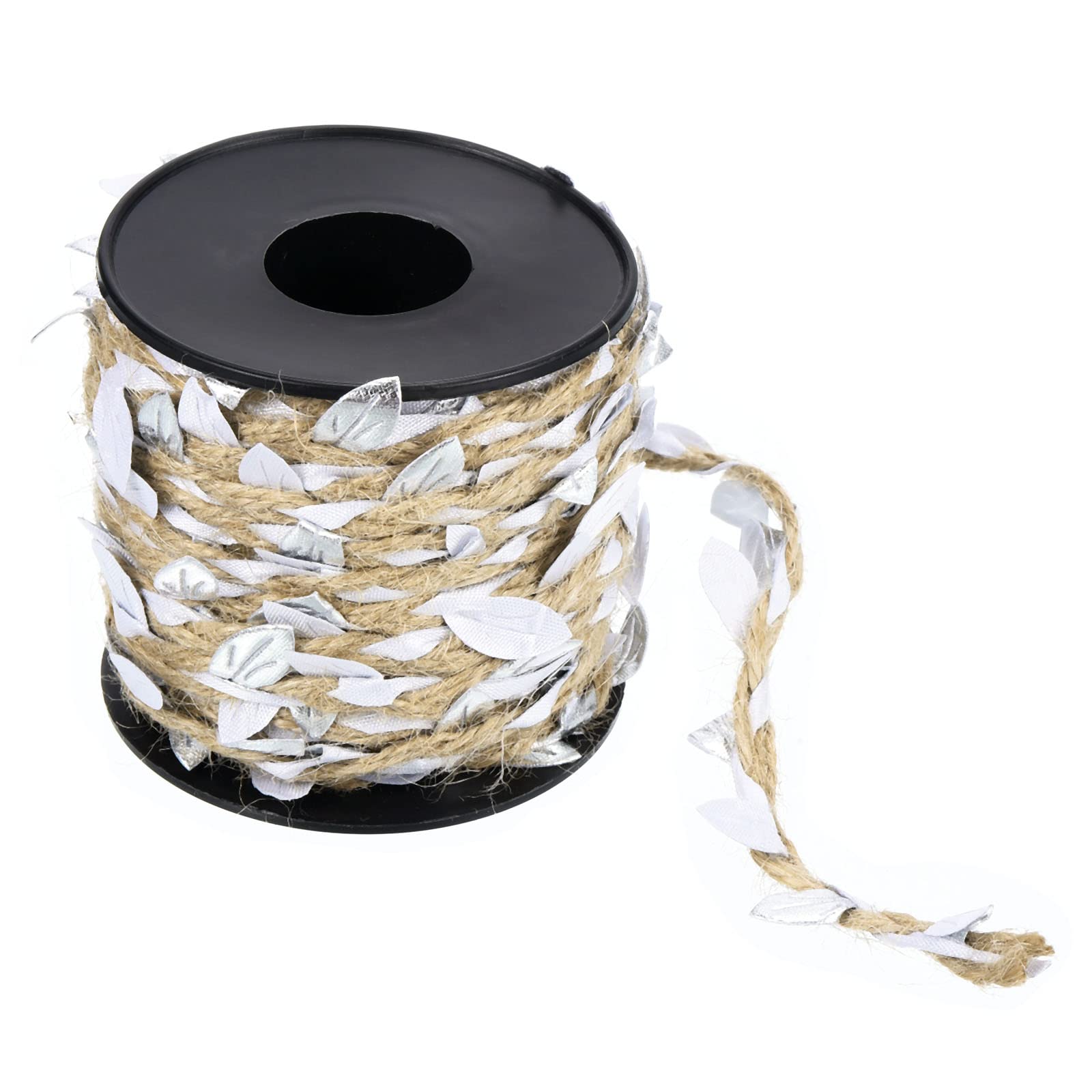 PATIKIL 33ft 5mm Burlap Leaf Ribbon, Braided Decoration Vine Natural Jute Rope Twine with Artificial Leaves for Jungle Wedding Party Home Garden Decor, Silver Tone