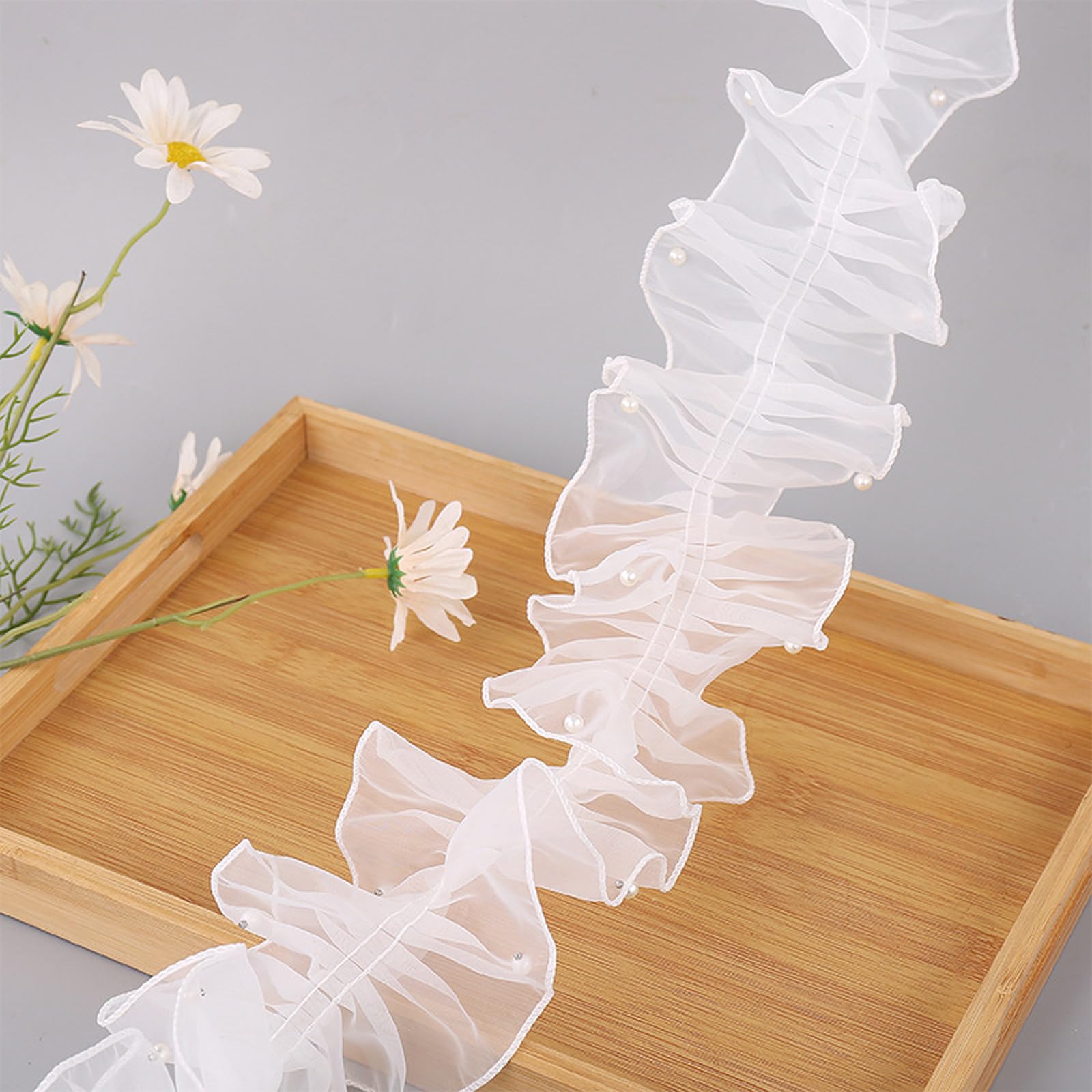 Photo 1 of 3 Yards Pearl Pleated Organza Lace Trim 4.72inch Width,White Pearl Organza Ruffled Lace Satin for Wedding Decoration, Flower Wrapping, Dress Collar Sleeve Decoration Applique Patch DIY Sewing(White)