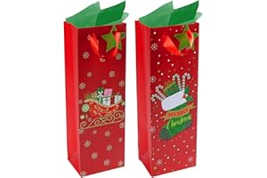 RACHELLE'S Christmas Wine Bags – 14"x5"x4" – 2-Pack Sturdy Paper Gift Bags with Tissue Paper, Tag and Handle – Sleigh & Stocking Design – Perfect for Christmas Holiday Gifting & Party Favors