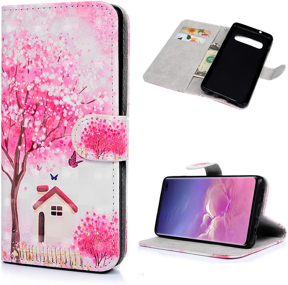 Case for Samsung Galaxy S10+ Plus, S10+ Flip Case Shockproof Folio Notebook Kickstand Card Slots 3D Effect Painting PU Leather Wallet TPU Bumper Shell Slim Fit Protective Cover Cherry Tree Cottage