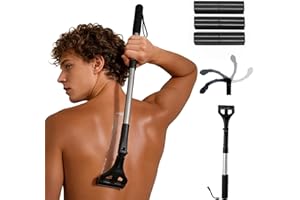 ETbyto Retractable Back Shaver for Men:​ 180° Foldable Head Hair Shaver,Double Sharp Blades & Ergonomic Handle, Wet or Dry Back & Body Hair Removal(3PCS Blades Included)