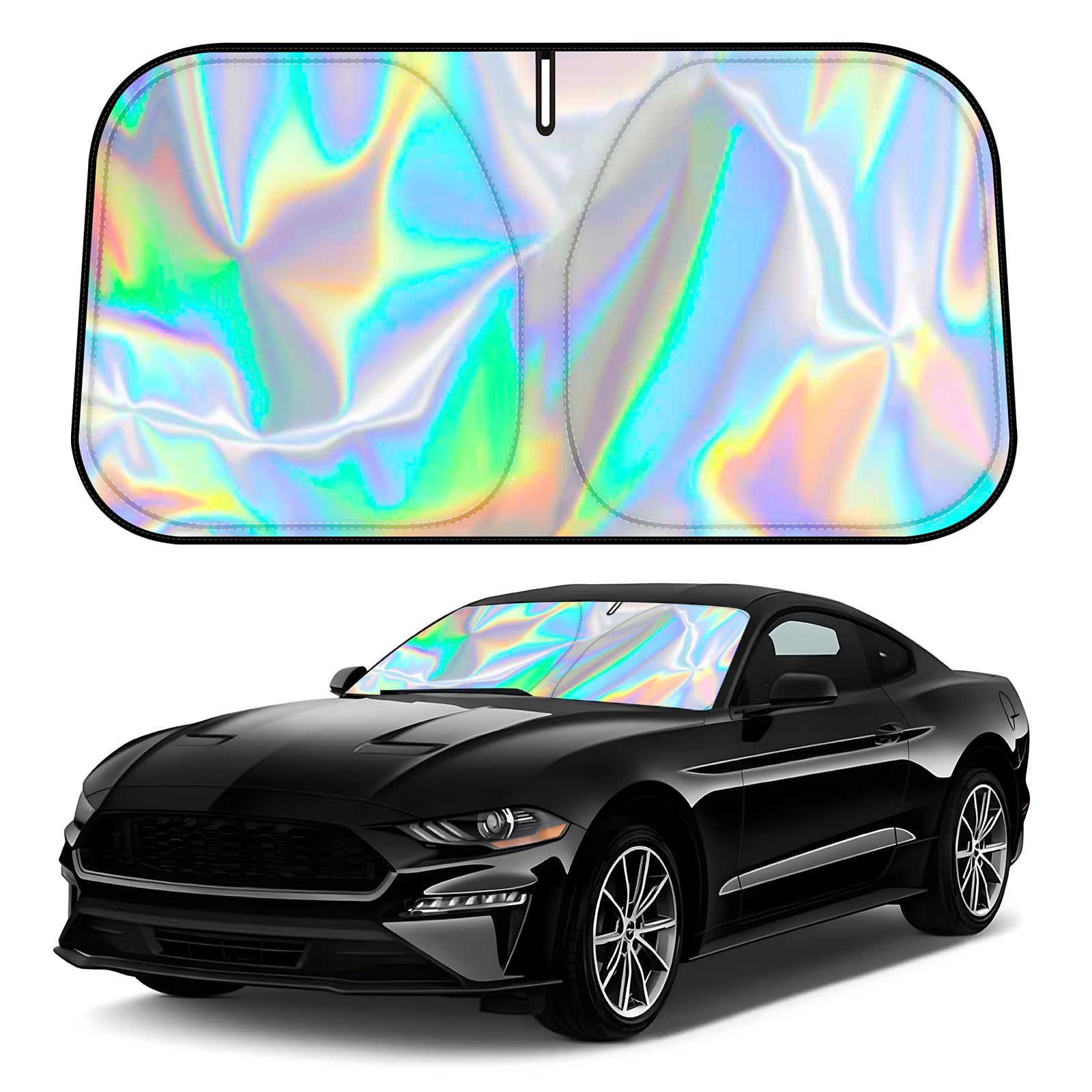 Photo 1 of D-Lumina Windshield Sun Shade for 2015-2025 Fo-rd Mustang (NOT for Fo-rd Mustang Mach-E), Iridescent Reflective Front Window Sunshade Sun Visor Protector Block UV Rays, Foldable 2 Layers 300D Material
