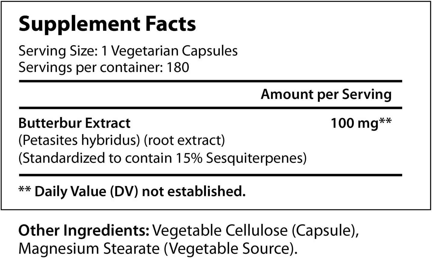Butterbur Extract 100mg 180 Vegetarian Capsules | Made in USA | Natural Headache Supplement | Migraine and Allergy Relief | Supports Healthy Bladder and Inflammation | 100 mg Pure Powder Pill Formula: Health & Personal Care