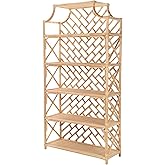 Kouboo Rattan Bookshelf, Natural Chippendale Style Bookcase, Display Storage Book Shelf Organizer, Freestanding Open Plan Sta