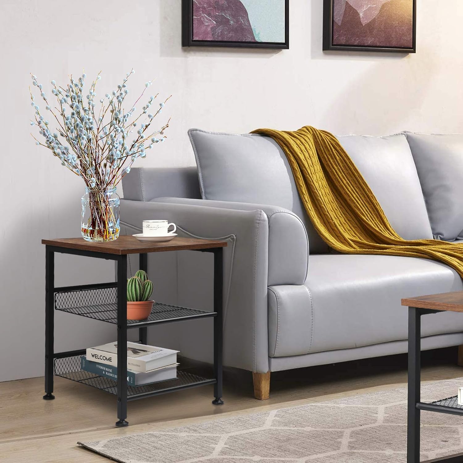 Tomcare 2 Pack End Table Nightstands 3 Tier Side Tables Set Night Stands with Metal Mesh Storage Shelves Industrial Night Tables with Metal Frame Solid Wood Small Tables for Living Room Bedroom: Home & Kitchen